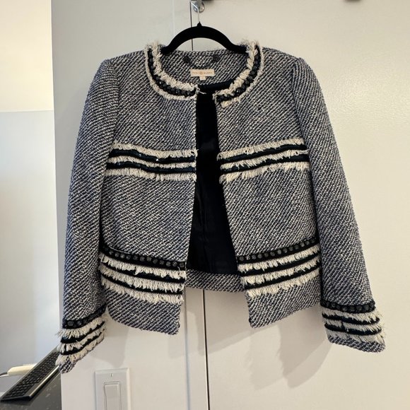 Tory Burch Rosemary Blue White Boucle Fringe Trim Jacket - Picture 1 of 2